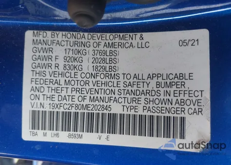 2021 Honda Civic Sport z USA, uszkodzony, nr VIN 19XFC2F80ME202845